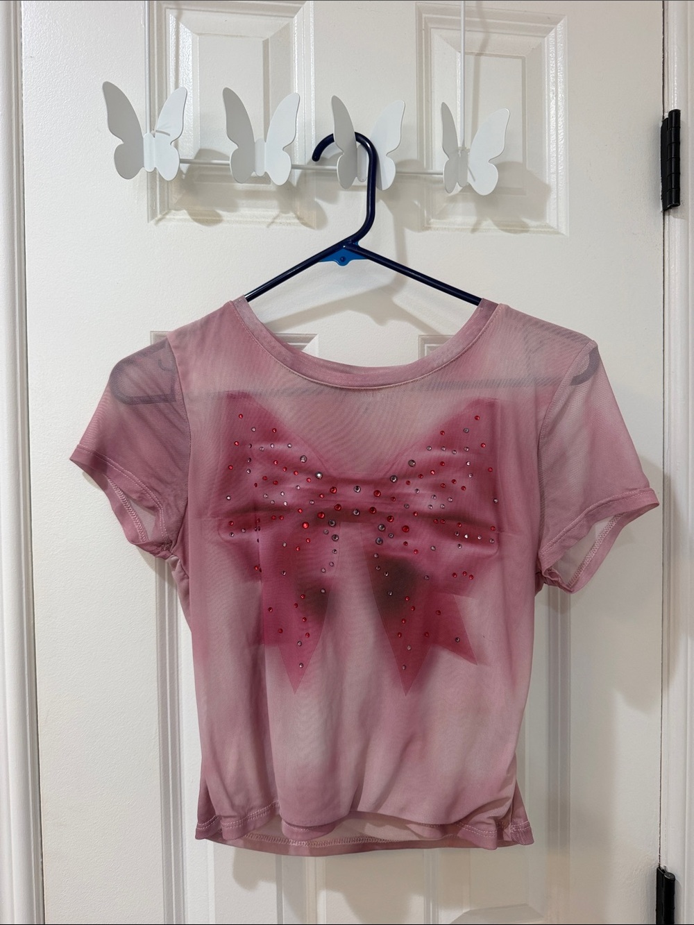 Madden Girl Pink Sheer Short Sleeve Top with Bow and Rhinestones